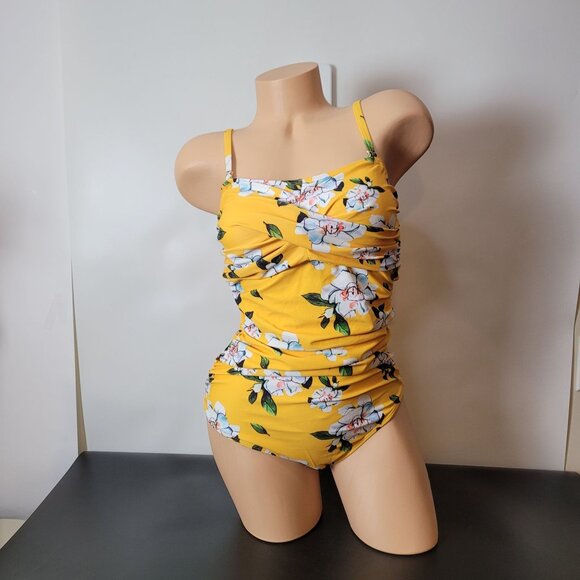 NWT - Smismivo Yellow Floral One-Piece Swimsuit With Ruched Front & Adjustable S - Picture 15 of 16